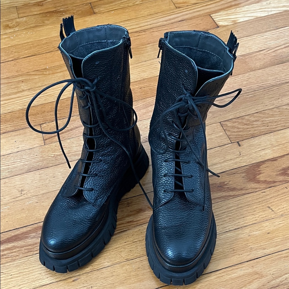 All Black Leather Lace-Up Women's Boots